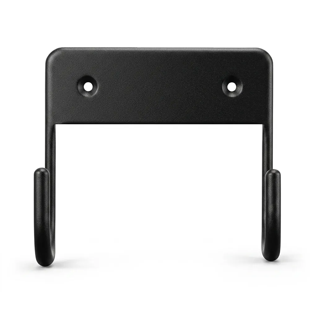 Wall Mounted Ironing Board Hanger — IRO-1032 — A compact metal wall hanger that stores the ironing board neatly when not in use. Strong hooks hold the board securely and free up floor space, mounting easily on the wall or in the wardrobe with the included screws. Suitable for all our ironing boards, sized at 11x12x6cm in black. (image 5)