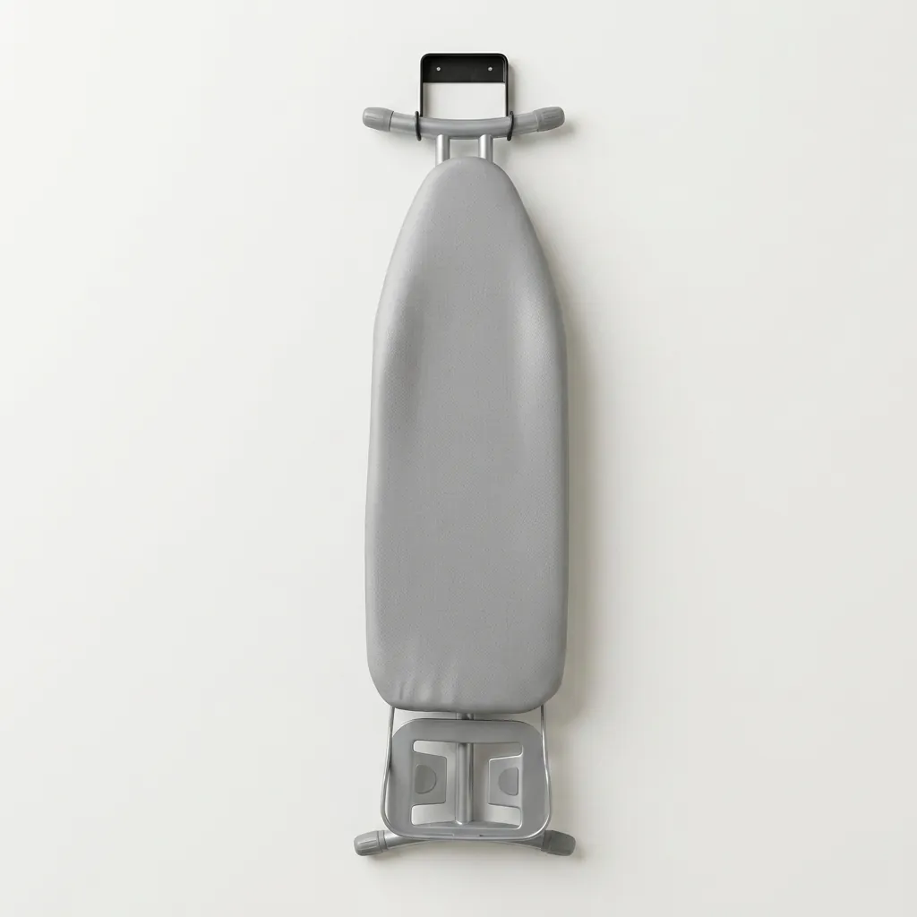Wall Mounted Ironing Board Hanger — IRO-1032 — A compact metal wall hanger that stores the ironing board neatly when not in use. Strong hooks hold the board securely and free up floor space, mounting easily on the wall or in the wardrobe with the included screws. Suitable for all our ironing boards, sized at 11x12x6cm in black. (image 6)