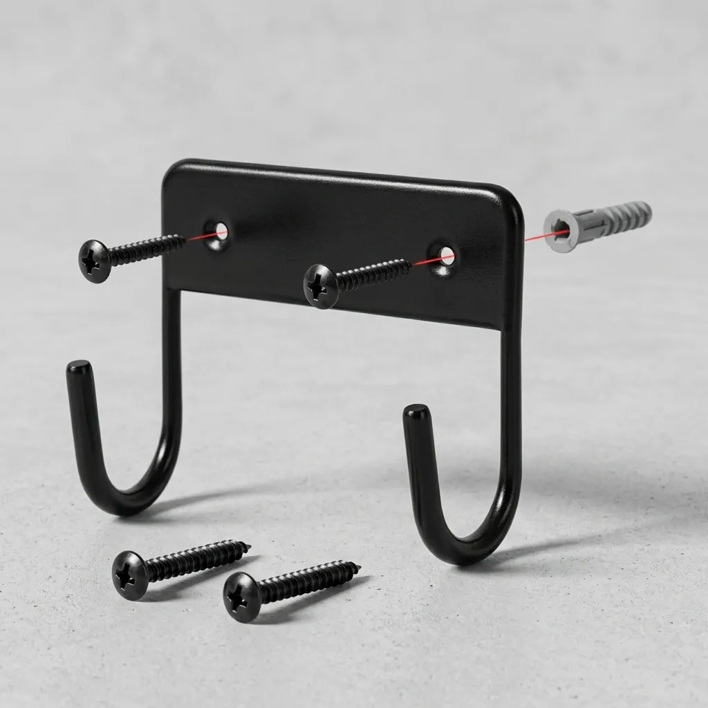 Wall Mounted Ironing Board Hanger — IRO-1032 — A compact metal wall hanger that stores the ironing board neatly when not in use. Strong hooks hold the board securely and free up floor space, mounting easily on the wall or in the wardrobe with the included screws. Suitable for all our ironing boards, sized at 11x12x6cm in black. (image 7)
