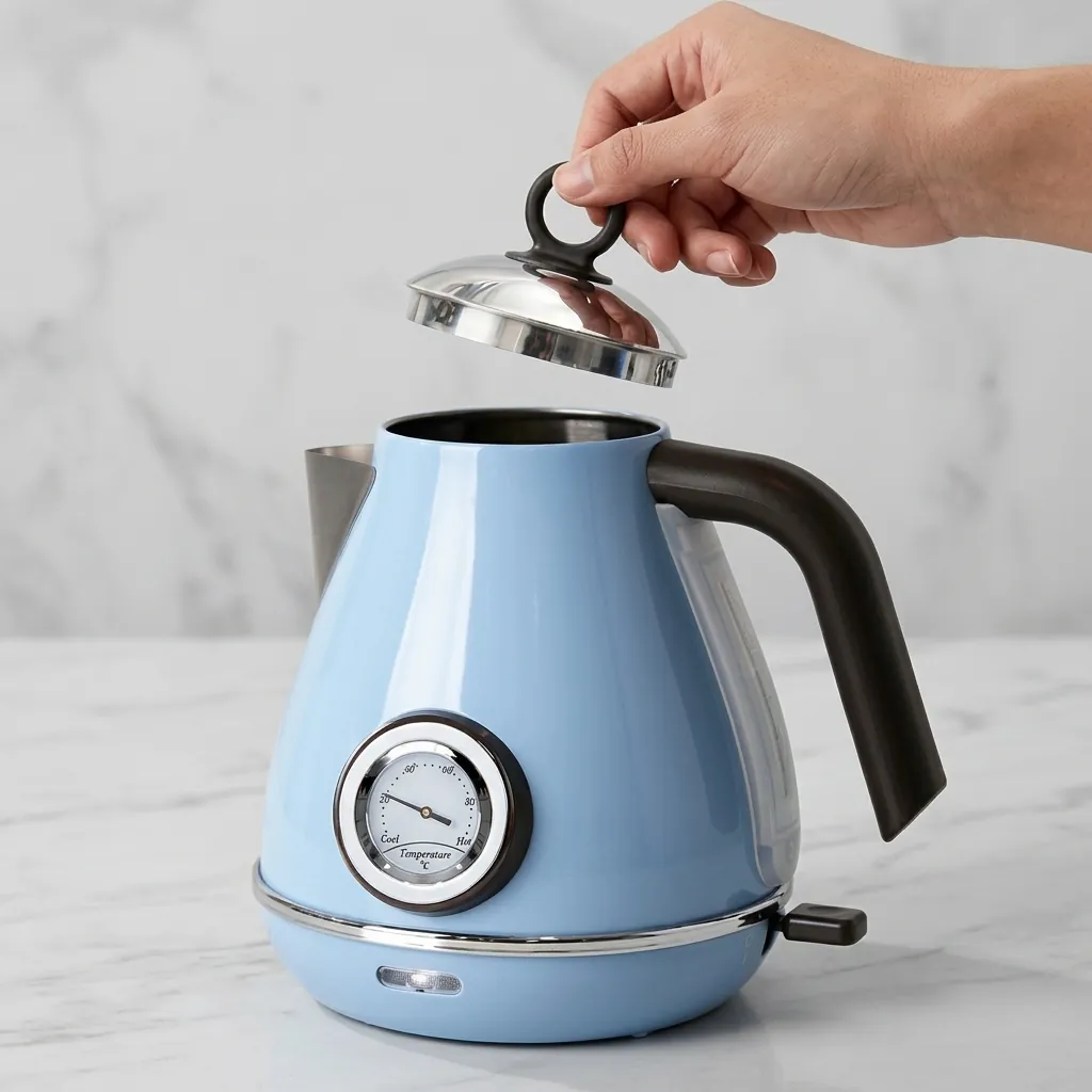 Stainless Steel Royal Electric Kettle 1.7L — KTL-1024 — A vintage-style 1.7L electric kettle in food-grade 304 stainless steel with a high-gloss finish and a large temperature gauge. A 1850 to 2200W branded controller boils fast, with auto shut-off and boil-dry protection for safety. A 360-degree cordless base, water-level indicator and wide lid make it easy to use and clean, available in ivory or blue. (image 2)