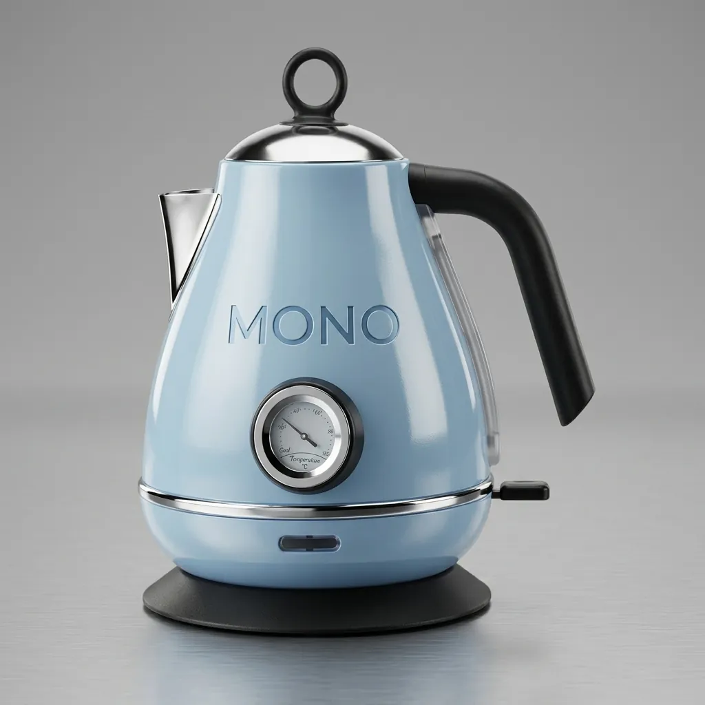 Stainless Steel Royal Electric Kettle 1.7L — KTL-1024 — A vintage-style 1.7L electric kettle in food-grade 304 stainless steel with a high-gloss finish and a large temperature gauge. A 1850 to 2200W branded controller boils fast, with auto shut-off and boil-dry protection for safety. A 360-degree cordless base, water-level indicator and wide lid make it easy to use and clean, available in ivory or blue. (image 1)
