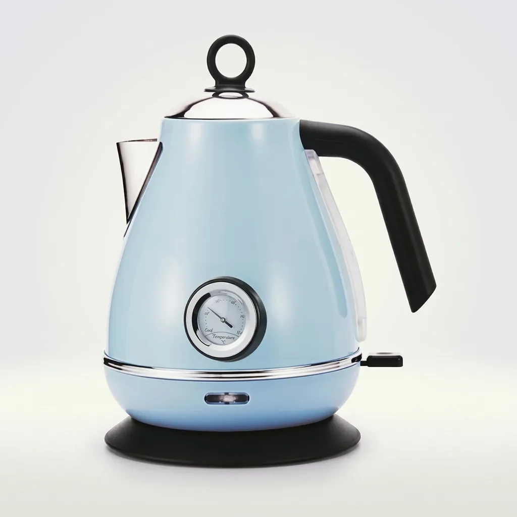 Stainless Steel Royal Electric Kettle 1.7L — KTL-1024 — A vintage-style 1.7L electric kettle in food-grade 304 stainless steel with a high-gloss finish and a large temperature gauge. A 1850 to 2200W branded controller boils fast, with auto shut-off and boil-dry protection for safety. A 360-degree cordless base, water-level indicator and wide lid make it easy to use and clean, available in ivory or blue. (image 3)