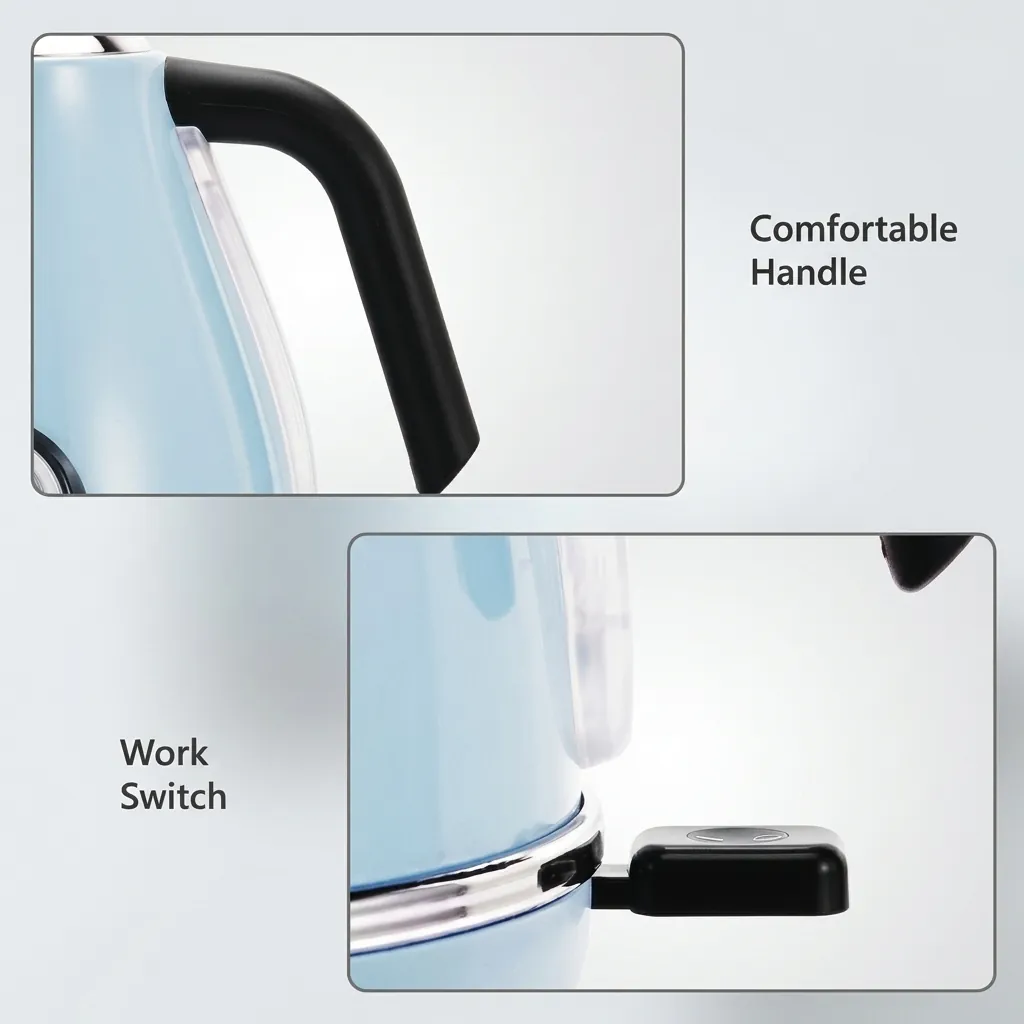 Stainless Steel Royal Electric Kettle 1.7L — KTL-1024 — A vintage-style 1.7L electric kettle in food-grade 304 stainless steel with a high-gloss finish and a large temperature gauge. A 1850 to 2200W branded controller boils fast, with auto shut-off and boil-dry protection for safety. A 360-degree cordless base, water-level indicator and wide lid make it easy to use and clean, available in ivory or blue. (image 5)