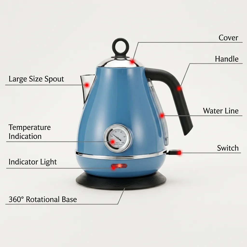 Stainless Steel Royal Electric Kettle 1.7L — KTL-1024 — A vintage-style 1.7L electric kettle in food-grade 304 stainless steel with a high-gloss finish and a large temperature gauge. A 1850 to 2200W branded controller boils fast, with auto shut-off and boil-dry protection for safety. A 360-degree cordless base, water-level indicator and wide lid make it easy to use and clean, available in ivory or blue. (image 7)
