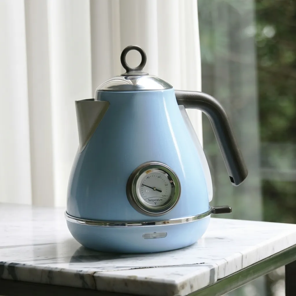 Stainless Steel Royal Electric Kettle 1.7L — KTL-1024 — A vintage-style 1.7L electric kettle in food-grade 304 stainless steel with a high-gloss finish and a large temperature gauge. A 1850 to 2200W branded controller boils fast, with auto shut-off and boil-dry protection for safety. A 360-degree cordless base, water-level indicator and wide lid make it easy to use and clean, available in ivory or blue. (image 8)