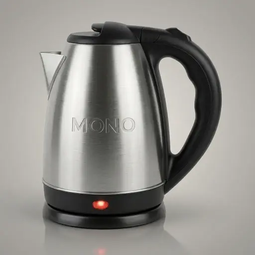 Electric Kettle 1.8ltr Matt Stainless Steel — KTL-1026 — A 1.8L electric kettle in matt stainless steel with a concealed heating element for easy cleaning. Rated 1500 to 1800W with automatic shut-off and a light indicator, it boils quickly and safely. A generous capacity for busy rooms, measuring 22.5x23cm on a 15cm base.