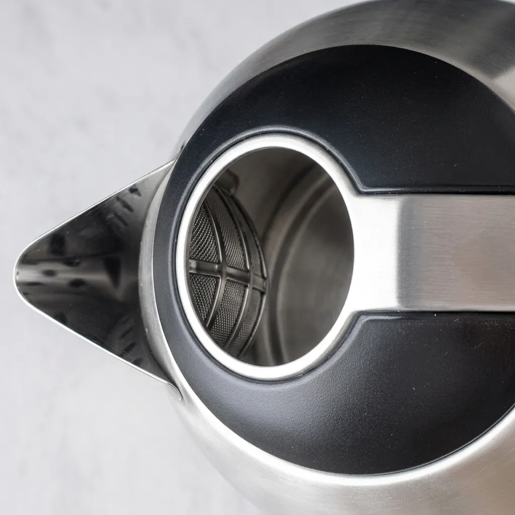 Electric Kettle For 1.2ltr Matt Stainless Steel — KTL-1028 — A 1.2L electric kettle in matt food-grade 304 stainless steel with a durable UK Strix triple-protection controller. Rated 1500W with automatic shut-off and a light indicator, it boils quickly and safely. A 360-degree cordless base makes it easy to lift and pour. (image 3)
