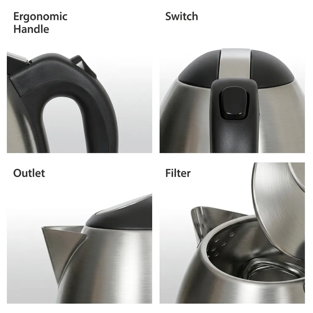 Electric Kettle For 1.2ltr Matt Stainless Steel — KTL-1028 — A 1.2L electric kettle in matt food-grade 304 stainless steel with a durable UK Strix triple-protection controller. Rated 1500W with automatic shut-off and a light indicator, it boils quickly and safely. A 360-degree cordless base makes it easy to lift and pour. (image 4)