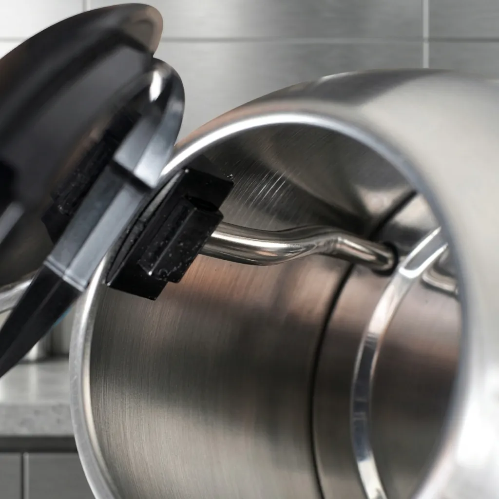 Electric Kettle For 1.2ltr Matt Stainless Steel — KTL-1028 — A 1.2L electric kettle in matt food-grade 304 stainless steel with a durable UK Strix triple-protection controller. Rated 1500W with automatic shut-off and a light indicator, it boils quickly and safely. A 360-degree cordless base makes it easy to lift and pour. (image 9)