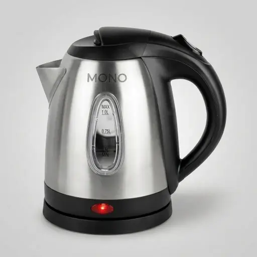 Hyacinth Kettle 1.0ltr Stainless Steel — KTL-1029 — A 1.0L electric kettle in food-grade 304 stainless steel with a metal-look finish and a concealed heating element. A 1800 to 2100W branded controller boils fast, with auto shut-off and boil-dry protection, while the cool-touch handle stays safe to hold. Dual water gauges and a 360-degree cordless base add everyday convenience.