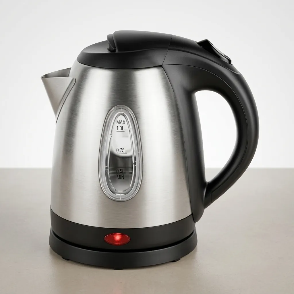 Hyacinth Kettle 1.0ltr Stainless Steel — KTL-1029 — A 1.0L electric kettle in food-grade 304 stainless steel with a metal-look finish and a concealed heating element. A 1800 to 2100W branded controller boils fast, with auto shut-off and boil-dry protection, while the cool-touch handle stays safe to hold. Dual water gauges and a 360-degree cordless base add everyday convenience. (image 2)