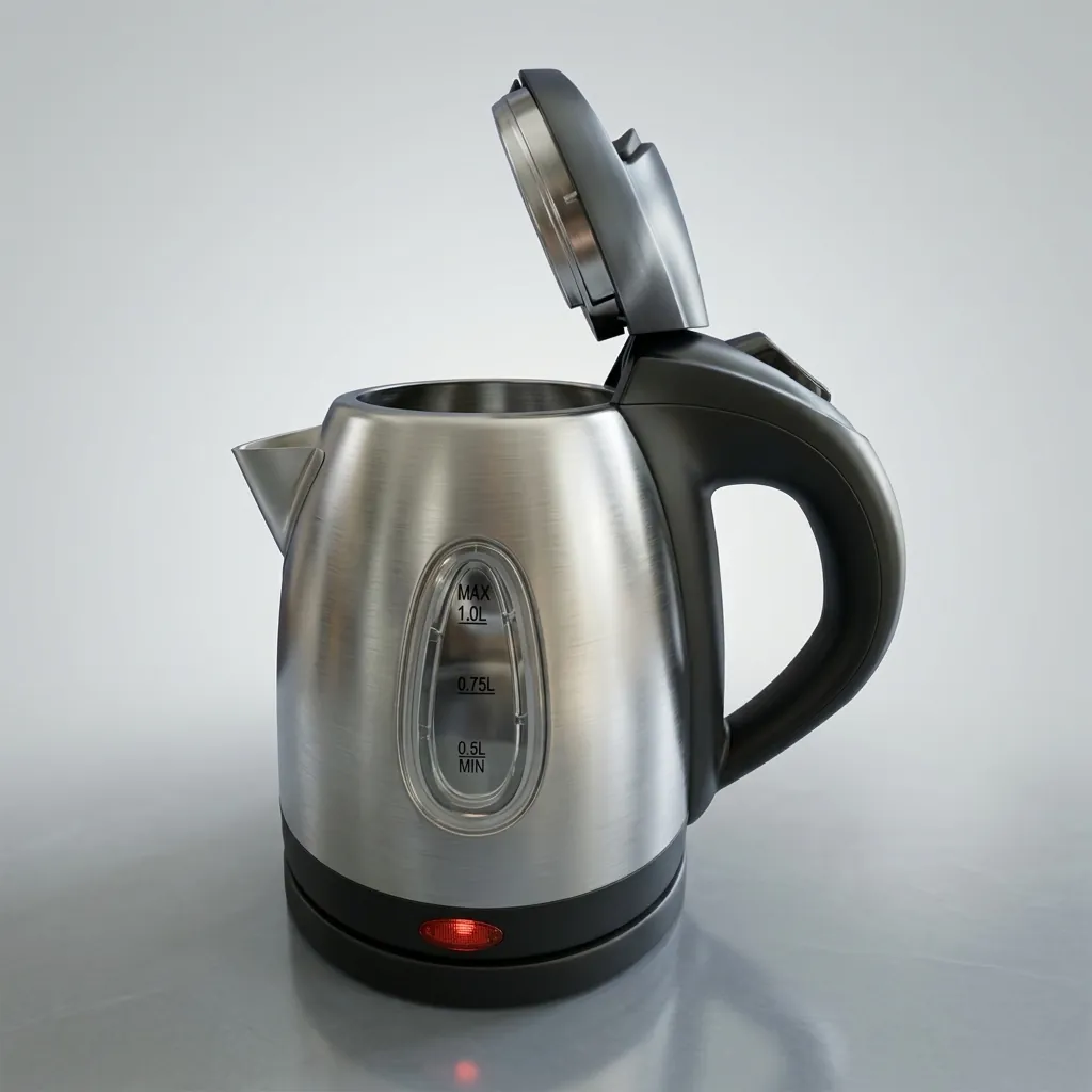 Hyacinth Kettle 1.0ltr Stainless Steel — KTL-1029 — A 1.0L electric kettle in food-grade 304 stainless steel with a metal-look finish and a concealed heating element. A 1800 to 2100W branded controller boils fast, with auto shut-off and boil-dry protection, while the cool-touch handle stays safe to hold. Dual water gauges and a 360-degree cordless base add everyday convenience. (image 3)
