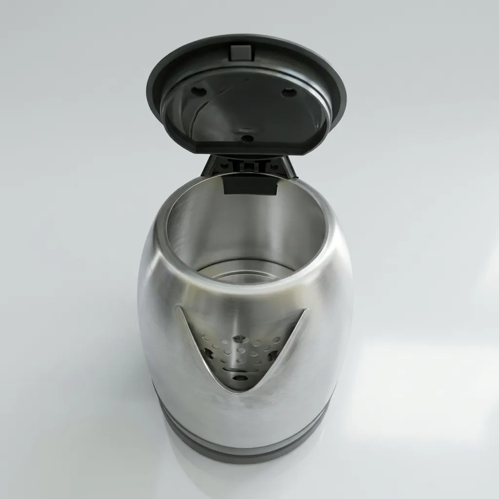 Hyacinth Kettle 1.0ltr Stainless Steel — KTL-1029 — A 1.0L electric kettle in food-grade 304 stainless steel with a metal-look finish and a concealed heating element. A 1800 to 2100W branded controller boils fast, with auto shut-off and boil-dry protection, while the cool-touch handle stays safe to hold. Dual water gauges and a 360-degree cordless base add everyday convenience. (image 4)