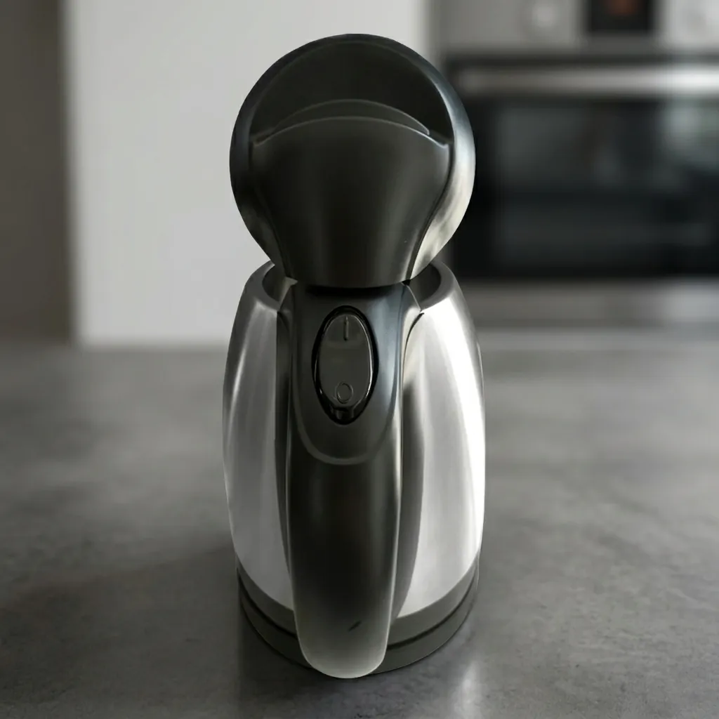 Hyacinth Kettle 1.0ltr Stainless Steel — KTL-1029 — A 1.0L electric kettle in food-grade 304 stainless steel with a metal-look finish and a concealed heating element. A 1800 to 2100W branded controller boils fast, with auto shut-off and boil-dry protection, while the cool-touch handle stays safe to hold. Dual water gauges and a 360-degree cordless base add everyday convenience. (image 5)
