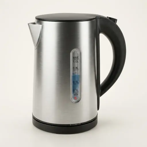 Datura Kettle 1.0ltr Stainless Steel — KTL-1030 — A 1.0L electric kettle in food-grade 304 stainless steel with a metal-look finish and a concealed heating element. A 1000 to 1200W branded controller boils efficiently, with auto shut-off and boil-dry protection for safety. A cool-touch handle, water gauge and 360-degree cordless base make it easy to use and clean.