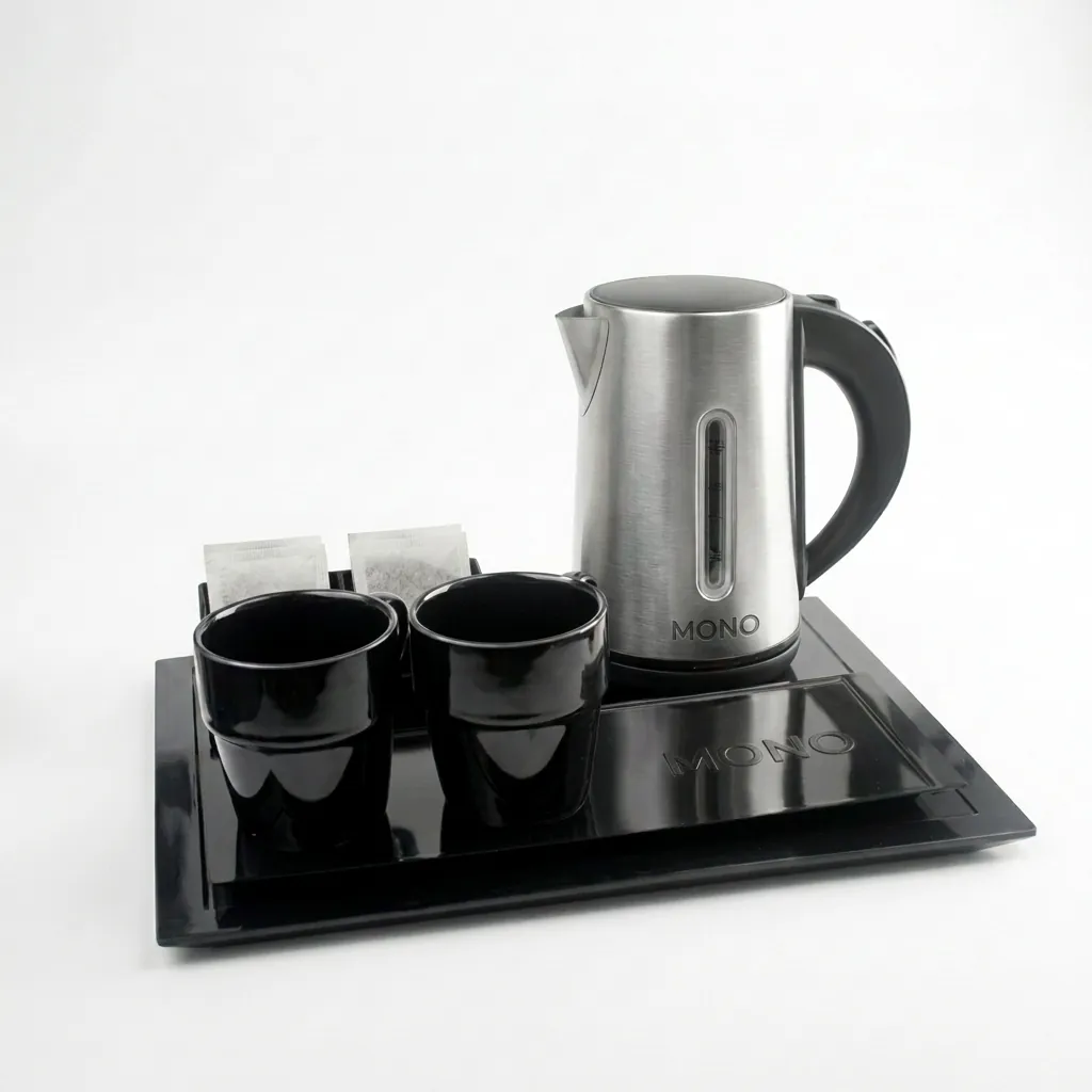 Electric Kettle 0.8ltr Matt Stainless Steel — KTL-1031 — A compact 0.8L electric kettle in matt food-grade 304 stainless steel with a branded controller. Rated 1000 to 1200W with automatic shut-off, a water gauge and a light indicator, it boils quickly and safely. A 360-degree cordless base makes pouring effortless. (image 2)