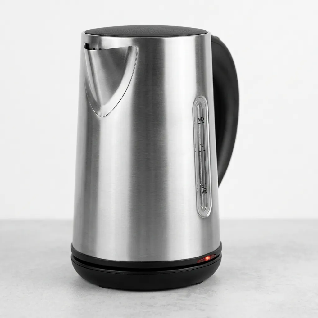 Electric Kettle 0.8ltr Matt Stainless Steel — KTL-1031 — A compact 0.8L electric kettle in matt food-grade 304 stainless steel with a branded controller. Rated 1000 to 1200W with automatic shut-off, a water gauge and a light indicator, it boils quickly and safely. A 360-degree cordless base makes pouring effortless. (image 6)