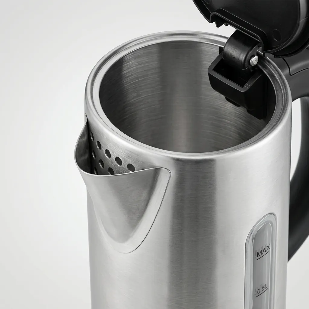 Electric Kettle 0.8ltr Matt Stainless Steel — KTL-1031 — A compact 0.8L electric kettle in matt food-grade 304 stainless steel with a branded controller. Rated 1000 to 1200W with automatic shut-off, a water gauge and a light indicator, it boils quickly and safely. A 360-degree cordless base makes pouring effortless. (image 7)