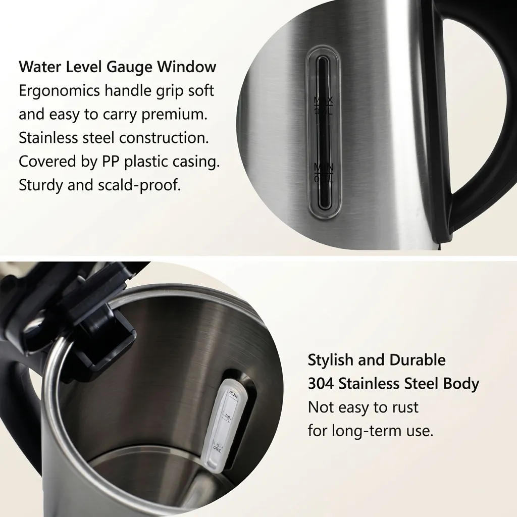 Electric Kettle 0.8ltr Matt Stainless Steel — KTL-1031 — A compact 0.8L electric kettle in matt food-grade 304 stainless steel with a branded controller. Rated 1000 to 1200W with automatic shut-off, a water gauge and a light indicator, it boils quickly and safely. A 360-degree cordless base makes pouring effortless. (image 8)