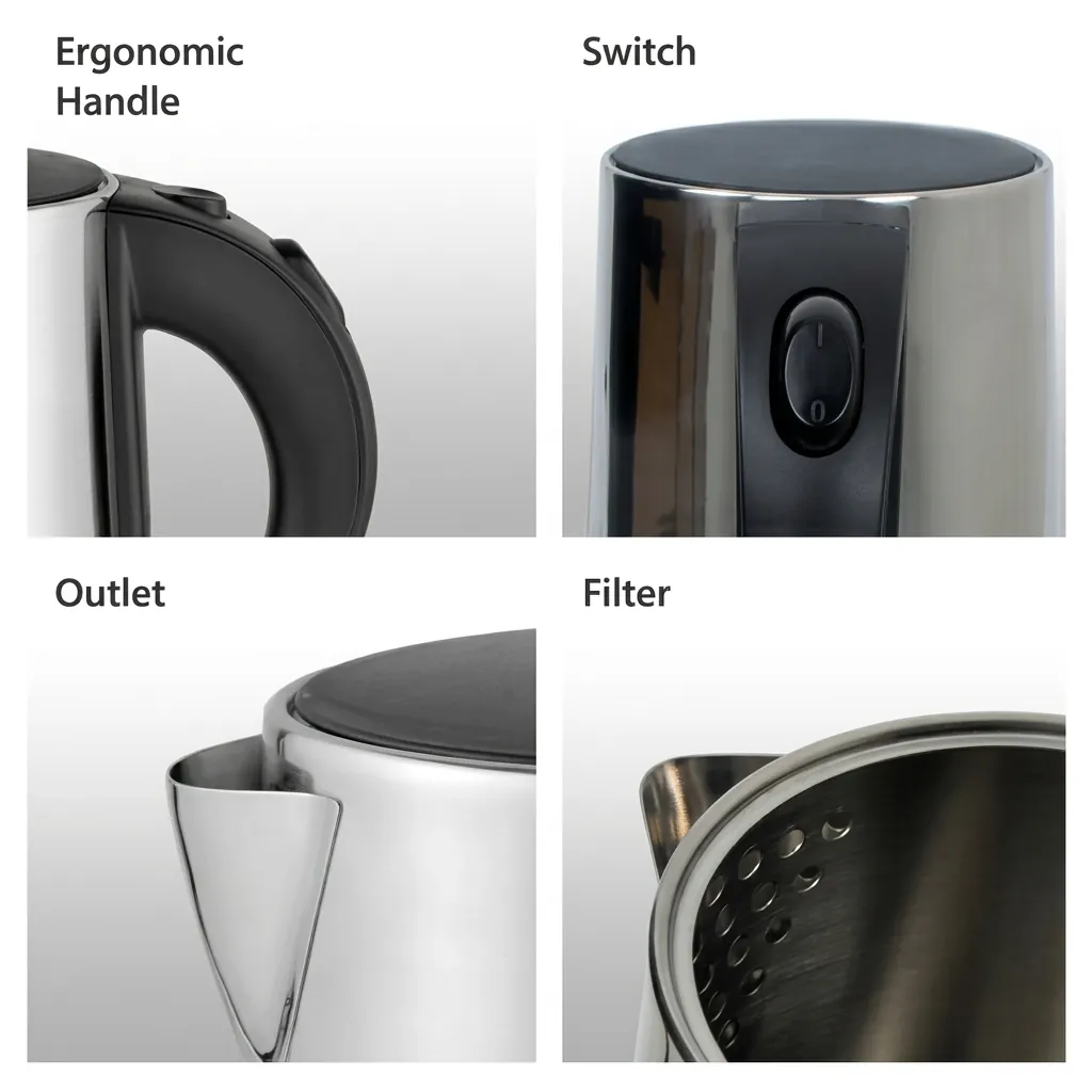 Electric Kettle 0.8ltr Matt Stainless Steel — KTL-1031 — A compact 0.8L electric kettle in matt food-grade 304 stainless steel with a branded controller. Rated 1000 to 1200W with automatic shut-off, a water gauge and a light indicator, it boils quickly and safely. A 360-degree cordless base makes pouring effortless. (image 9)