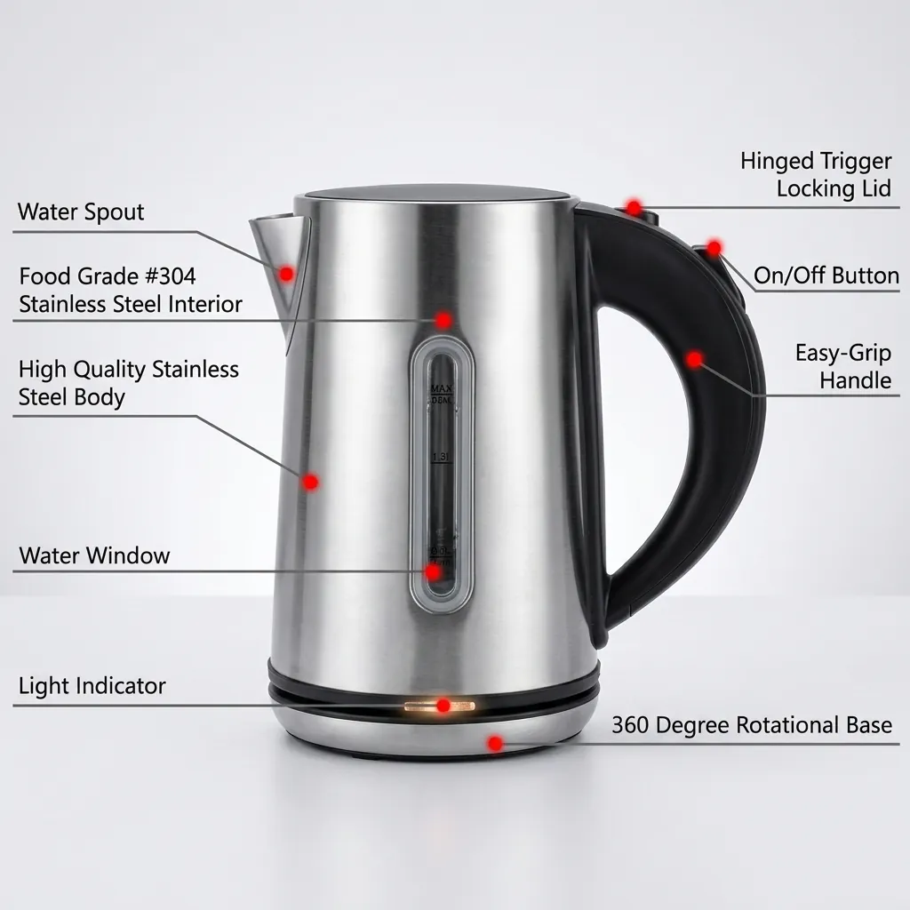 Electric Kettle 0.8ltr Matt Stainless Steel — KTL-1031 — A compact 0.8L electric kettle in matt food-grade 304 stainless steel with a branded controller. Rated 1000 to 1200W with automatic shut-off, a water gauge and a light indicator, it boils quickly and safely. A 360-degree cordless base makes pouring effortless. (image 10)
