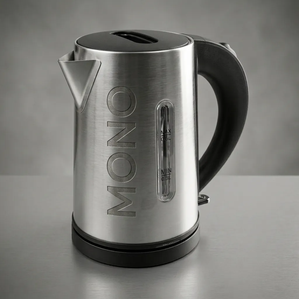 Camellia Kettle 0.6ltr Stainless Steel — KTL-1032 — A compact 0.6L electric kettle in food-grade 304 stainless steel with a metal-look finish and a concealed heating element. A 1000 to 1200W branded controller boils fast, with auto shut-off and boil-dry protection, while the cool-touch handle stays safe. A water gauge and 360-degree cordless base make it ideal for single rooms. (image 1)