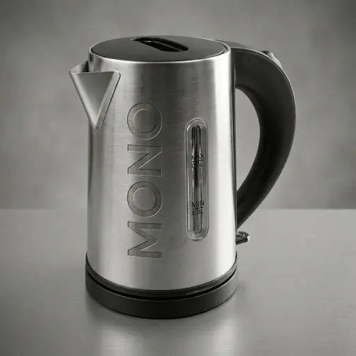 Camellia Kettle 0.6ltr Stainless Steel — KTL-1032 — A compact 0.6L electric kettle in food-grade 304 stainless steel with a metal-look finish and a concealed heating element. A 1000 to 1200W branded controller boils fast, with auto shut-off and boil-dry protection, while the cool-touch handle stays safe. A water gauge and 360-degree cordless base make it ideal for single rooms.