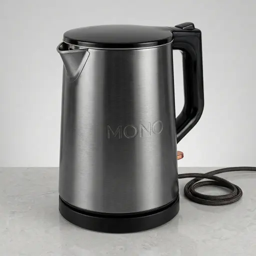 Stainless Steel Meteorite Kettle Shinning 0.8L with Auto Shut-Off — KTL-1035 — A 0.8L electric kettle in food-grade 304 stainless steel with a shining seamless double-wall, cool-touch body. A 1000 to 1200W branded controller boils efficiently, with auto shut-off and boil-dry protection. A concealed heating element and 360-degree cordless base keep it tidy and easy to use, finished in grey.