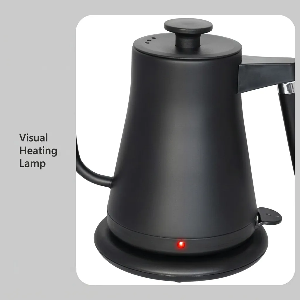 Stainless Steel Lilac Kettle 0.8L with Anti-Scald — KTL-1037 — A 0.8L gooseneck electric kettle in food-grade 304 stainless steel with a high-end matte finish for precise pouring. A 1200 to 1400W branded controller boils fast, with auto shut-off, boil-dry protection and a cool, anti-scald handle. A 360-degree cordless base and 70cm cable keep it tidy, available in matte black, black or white. (image 3)