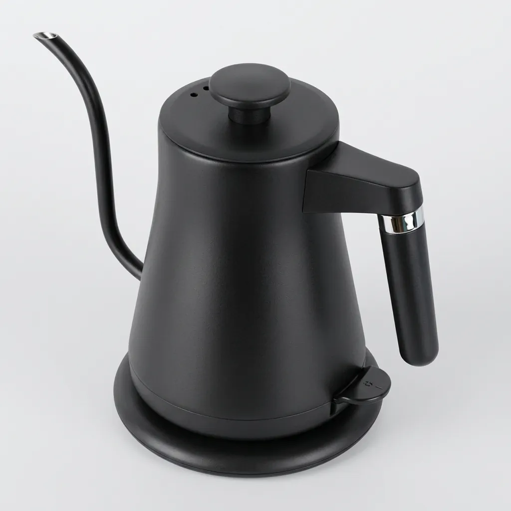Stainless Steel Lilac Kettle 0.8L with Anti-Scald — KTL-1037 — A 0.8L gooseneck electric kettle in food-grade 304 stainless steel with a high-end matte finish for precise pouring. A 1200 to 1400W branded controller boils fast, with auto shut-off, boil-dry protection and a cool, anti-scald handle. A 360-degree cordless base and 70cm cable keep it tidy, available in matte black, black or white. (image 5)