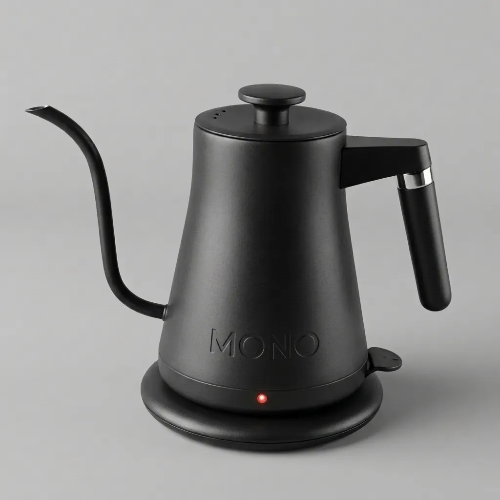 Stainless Steel Lilac Kettle 0.8L with Anti-Scald — KTL-1037 — A 0.8L gooseneck electric kettle in food-grade 304 stainless steel with a high-end matte finish for precise pouring. A 1200 to 1400W branded controller boils fast, with auto shut-off, boil-dry protection and a cool, anti-scald handle. A 360-degree cordless base and 70cm cable keep it tidy, available in matte black, black or white. (image 1)