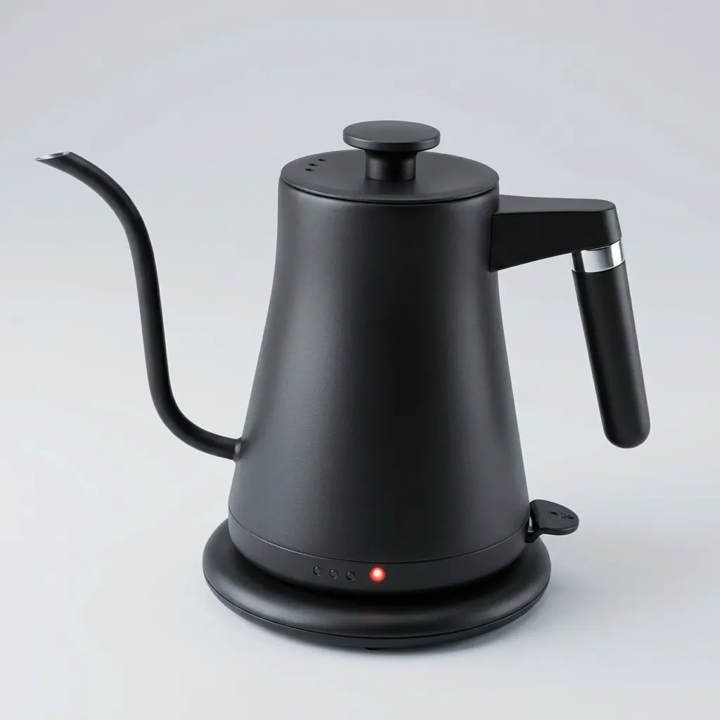 Stainless Steel Lilac Kettle 0.8L with Anti-Scald — KTL-1037 — A 0.8L gooseneck electric kettle in food-grade 304 stainless steel with a high-end matte finish for precise pouring. A 1200 to 1400W branded controller boils fast, with auto shut-off, boil-dry protection and a cool, anti-scald handle. A 360-degree cordless base and 70cm cable keep it tidy, available in matte black, black or white. (image 6)
