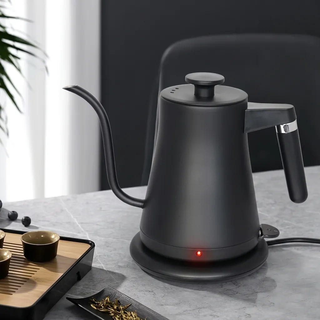 Stainless Steel Lilac Kettle 0.8L with Anti-Scald — KTL-1037 — A 0.8L gooseneck electric kettle in food-grade 304 stainless steel with a high-end matte finish for precise pouring. A 1200 to 1400W branded controller boils fast, with auto shut-off, boil-dry protection and a cool, anti-scald handle. A 360-degree cordless base and 70cm cable keep it tidy, available in matte black, black or white. (image 7)