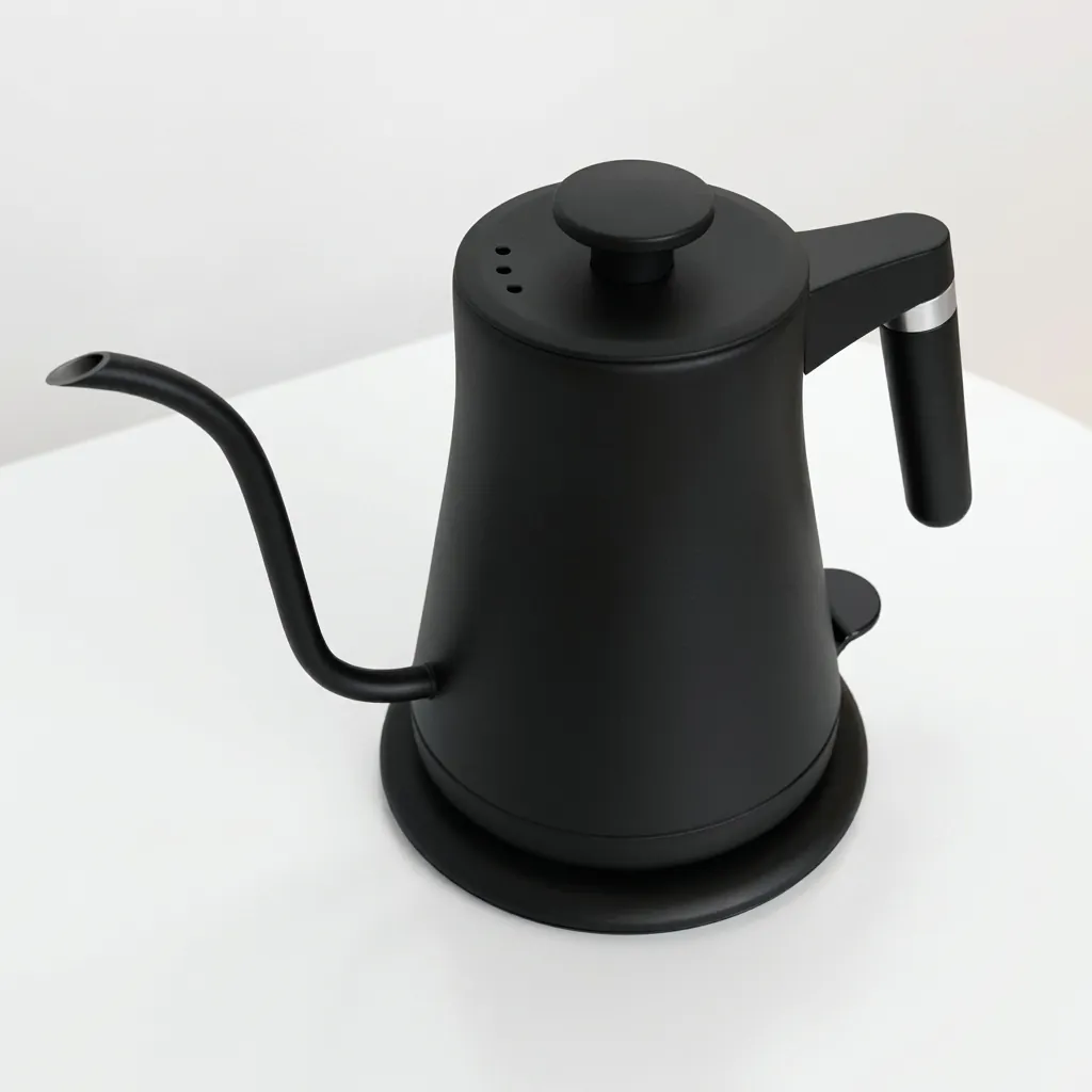 Stainless Steel Lilac Kettle 0.8L with Anti-Scald — KTL-1037 — A 0.8L gooseneck electric kettle in food-grade 304 stainless steel with a high-end matte finish for precise pouring. A 1200 to 1400W branded controller boils fast, with auto shut-off, boil-dry protection and a cool, anti-scald handle. A 360-degree cordless base and 70cm cable keep it tidy, available in matte black, black or white. (image 8)