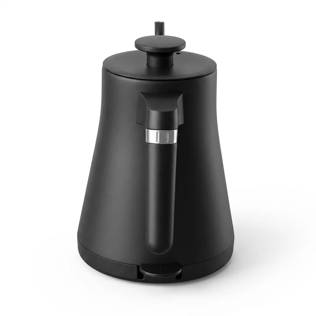 Stainless Steel Lilac Kettle 0.8L with Anti-Scald — KTL-1037 — A 0.8L gooseneck electric kettle in food-grade 304 stainless steel with a high-end matte finish for precise pouring. A 1200 to 1400W branded controller boils fast, with auto shut-off, boil-dry protection and a cool, anti-scald handle. A 360-degree cordless base and 70cm cable keep it tidy, available in matte black, black or white. (image 9)