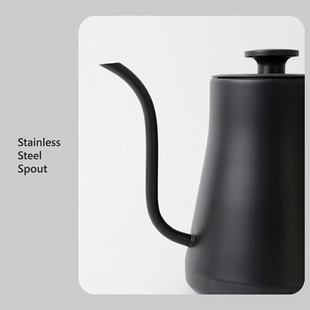Stainless Steel Lilac Kettle 0.8L with Anti-Scald — KTL-1037 — A 0.8L gooseneck electric kettle in food-grade 304 stainless steel with a high-end matte finish for precise pouring. A 1200 to 1400W branded controller boils fast, with auto shut-off, boil-dry protection and a cool, anti-scald handle. A 360-degree cordless base and 70cm cable keep it tidy, available in matte black, black or white. (image 11)