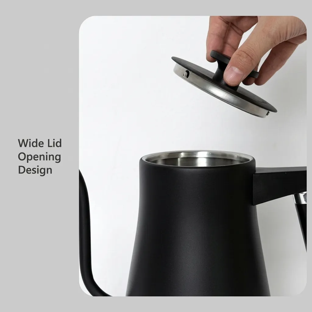 Stainless Steel Lilac Kettle 0.8L with Anti-Scald — KTL-1037 — A 0.8L gooseneck electric kettle in food-grade 304 stainless steel with a high-end matte finish for precise pouring. A 1200 to 1400W branded controller boils fast, with auto shut-off, boil-dry protection and a cool, anti-scald handle. A 360-degree cordless base and 70cm cable keep it tidy, available in matte black, black or white. (image 12)