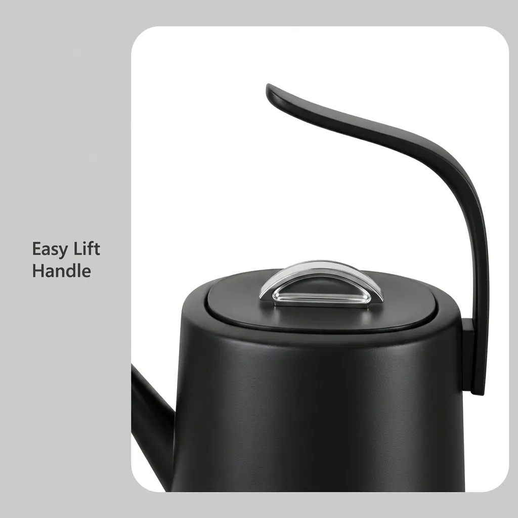 Stainless Steel Vranus Half Handle Kettle 1.0L with Anti-Scald — KTL-1038 — A 1.0L gooseneck electric kettle in food-grade 304 stainless steel with an LED temperature display on the base for precise hand-brew coffee. A 1200 to 1400W branded controller boils fast, with auto shut-off, boil-dry protection and a cool, anti-scald metal handle. A concealed element and 360-degree cordless base add convenience, in black, white or grey. (image 2)