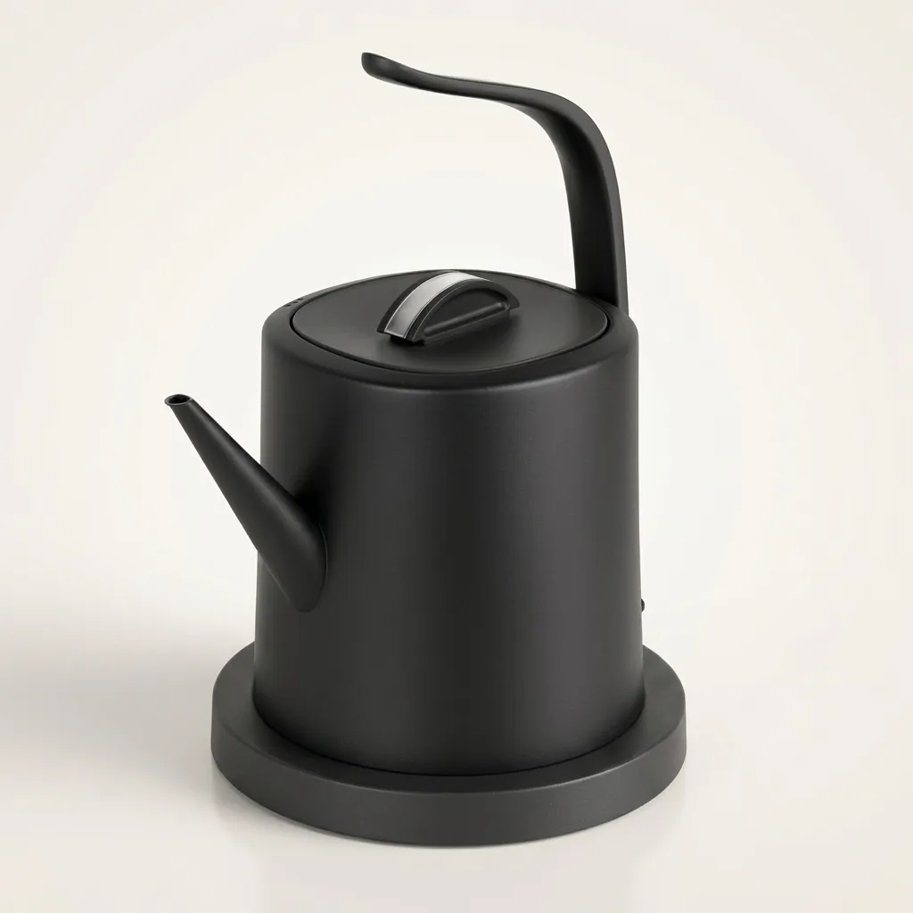 Stainless Steel Vranus Half Handle Kettle 1.0L with Anti-Scald — KTL-1038 — A 1.0L gooseneck electric kettle in food-grade 304 stainless steel with an LED temperature display on the base for precise hand-brew coffee. A 1200 to 1400W branded controller boils fast, with auto shut-off, boil-dry protection and a cool, anti-scald metal handle. A concealed element and 360-degree cordless base add convenience, in black, white or grey. (image 4)