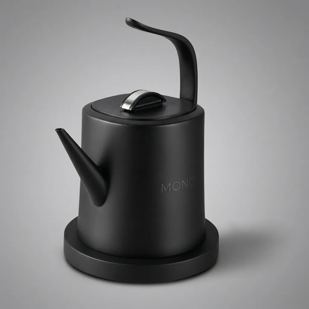 Stainless Steel Vranus Half Handle Kettle 1.0L with Anti-Scald — KTL-1038 — A 1.0L gooseneck electric kettle in food-grade 304 stainless steel with an LED temperature display on the base for precise hand-brew coffee. A 1200 to 1400W branded controller boils fast, with auto shut-off, boil-dry protection and a cool, anti-scald metal handle. A concealed element and 360-degree cordless base add convenience, in black, white or grey. (image 1)