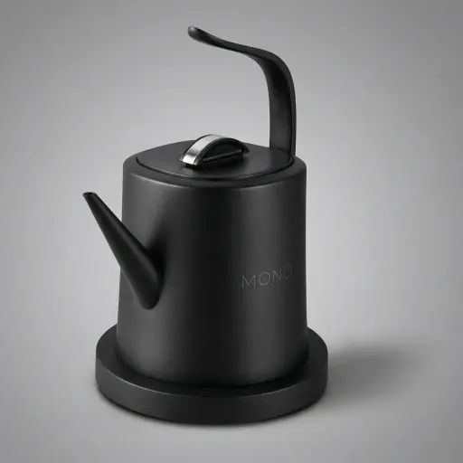 Stainless Steel Vranus Half Handle Kettle 1.0L with Anti-Scald — KTL-1038 — A 1.0L gooseneck electric kettle in food-grade 304 stainless steel with an LED temperature display on the base for precise hand-brew coffee. A 1200 to 1400W branded controller boils fast, with auto shut-off, boil-dry protection and a cool, anti-scald metal handle. A concealed element and 360-degree cordless base add convenience, in black, white or grey.