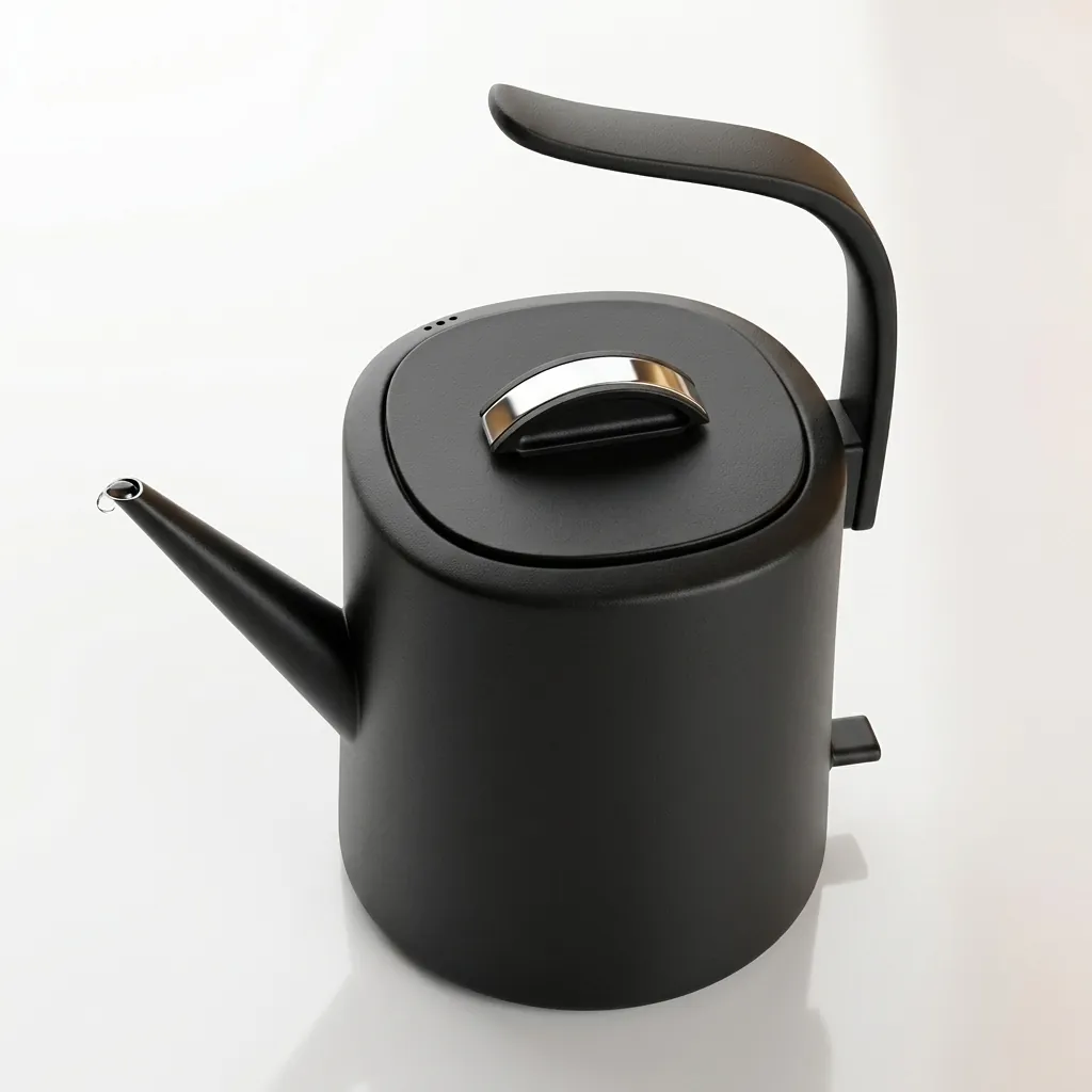 Stainless Steel Vranus Half Handle Kettle 1.0L with Anti-Scald — KTL-1038 — A 1.0L gooseneck electric kettle in food-grade 304 stainless steel with an LED temperature display on the base for precise hand-brew coffee. A 1200 to 1400W branded controller boils fast, with auto shut-off, boil-dry protection and a cool, anti-scald metal handle. A concealed element and 360-degree cordless base add convenience, in black, white or grey. (image 5)