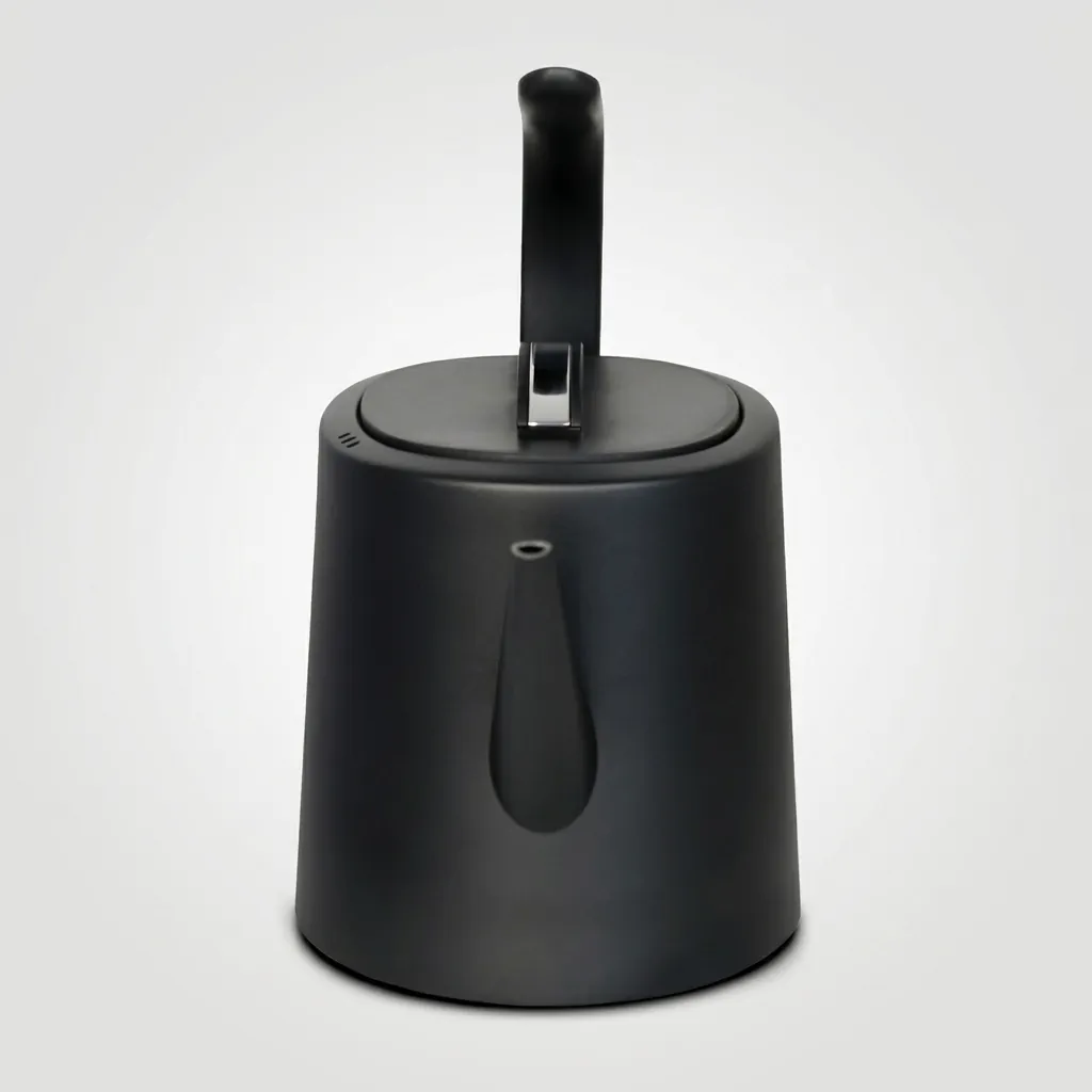 Stainless Steel Vranus Half Handle Kettle 1.0L with Anti-Scald — KTL-1038 — A 1.0L gooseneck electric kettle in food-grade 304 stainless steel with an LED temperature display on the base for precise hand-brew coffee. A 1200 to 1400W branded controller boils fast, with auto shut-off, boil-dry protection and a cool, anti-scald metal handle. A concealed element and 360-degree cordless base add convenience, in black, white or grey. (image 6)
