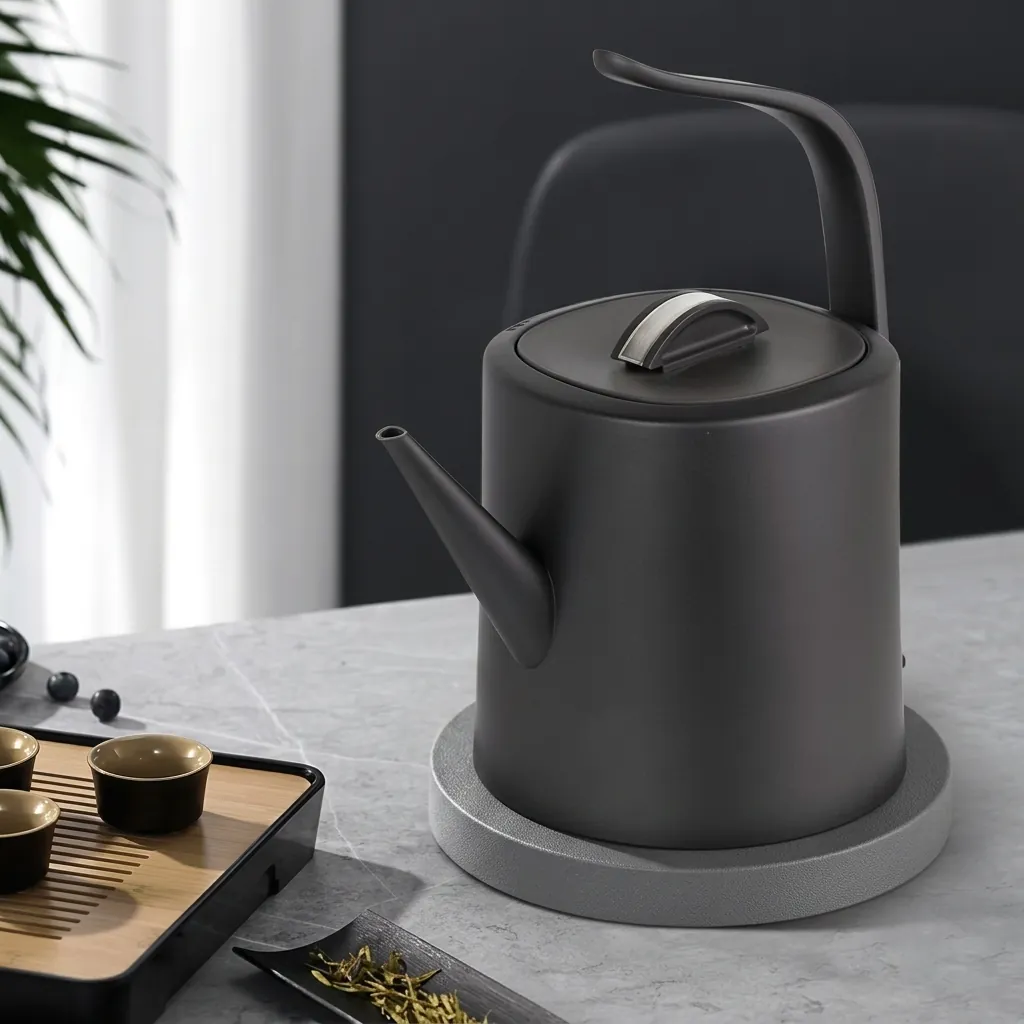 Stainless Steel Vranus Half Handle Kettle 1.0L with Anti-Scald — KTL-1038 — A 1.0L gooseneck electric kettle in food-grade 304 stainless steel with an LED temperature display on the base for precise hand-brew coffee. A 1200 to 1400W branded controller boils fast, with auto shut-off, boil-dry protection and a cool, anti-scald metal handle. A concealed element and 360-degree cordless base add convenience, in black, white or grey. (image 7)