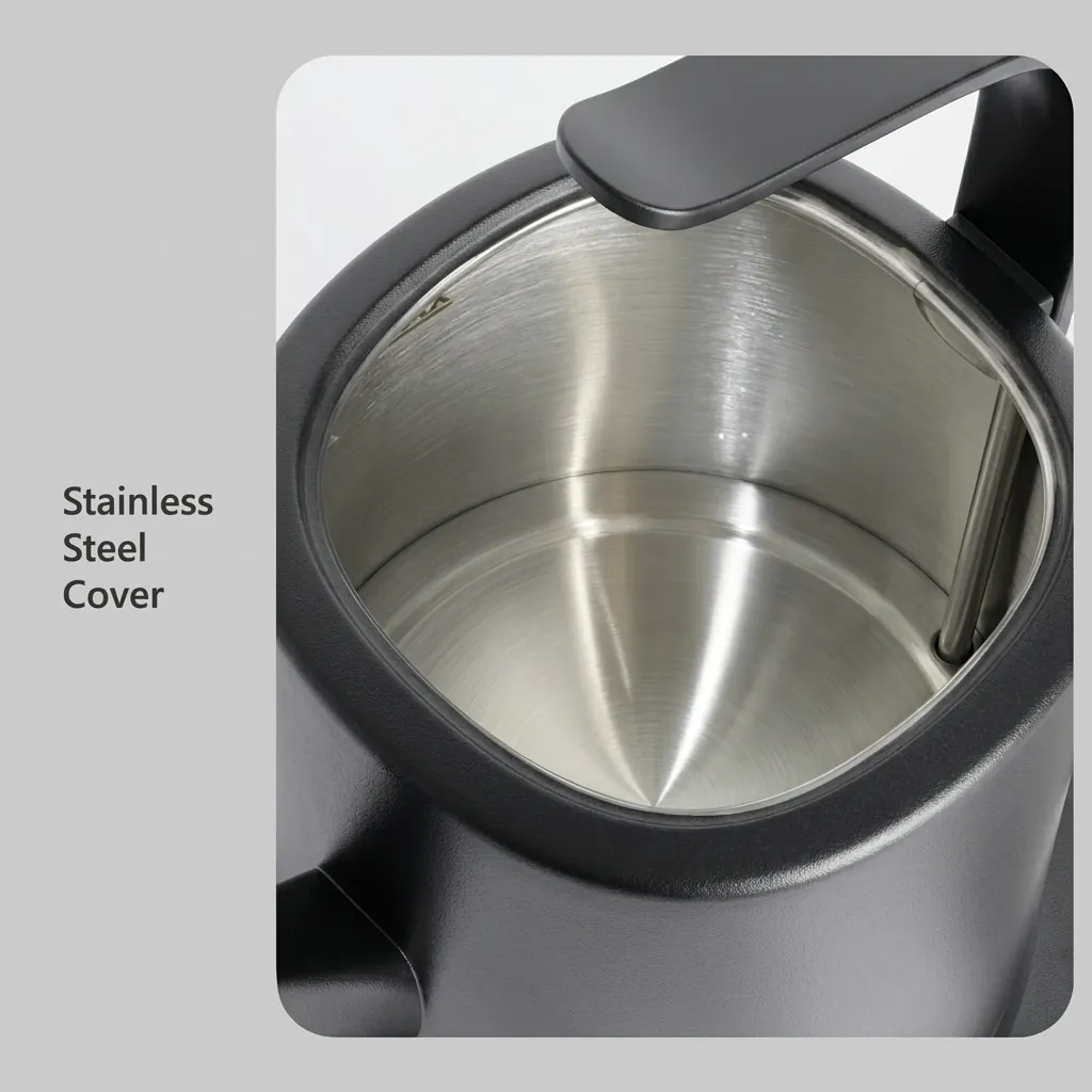 Stainless Steel Vranus Half Handle Kettle 1.0L with Anti-Scald — KTL-1038 — A 1.0L gooseneck electric kettle in food-grade 304 stainless steel with an LED temperature display on the base for precise hand-brew coffee. A 1200 to 1400W branded controller boils fast, with auto shut-off, boil-dry protection and a cool, anti-scald metal handle. A concealed element and 360-degree cordless base add convenience, in black, white or grey. (image 8)