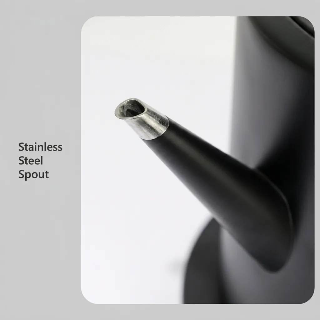 Stainless Steel Vranus Half Handle Kettle 1.0L with Anti-Scald — KTL-1038 — A 1.0L gooseneck electric kettle in food-grade 304 stainless steel with an LED temperature display on the base for precise hand-brew coffee. A 1200 to 1400W branded controller boils fast, with auto shut-off, boil-dry protection and a cool, anti-scald metal handle. A concealed element and 360-degree cordless base add convenience, in black, white or grey. (image 9)