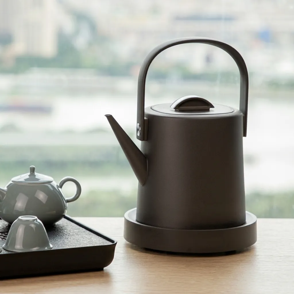 Stainless Steel Vranus Full Handle Kettle 1.0L with Anti-Scald [1039] — KTL-1039 — A 1.0L gooseneck electric kettle in food-grade 304 stainless steel with a full cool-touch metal handle and an LED temperature display on the base. A 1200 to 1400W branded controller boils fast, with auto shut-off and boil-dry protection, ideal for precise hand-brew coffee. A concealed element and 360-degree cordless base round it out, in black, white or grey. (image 3)