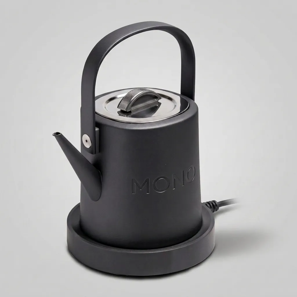 Stainless Steel Vranus Full Handle Kettle 1.0L with Anti-Scald [1039] — KTL-1039 — A 1.0L gooseneck electric kettle in food-grade 304 stainless steel with a full cool-touch metal handle and an LED temperature display on the base. A 1200 to 1400W branded controller boils fast, with auto shut-off and boil-dry protection, ideal for precise hand-brew coffee. A concealed element and 360-degree cordless base round it out, in black, white or grey. (image 1)