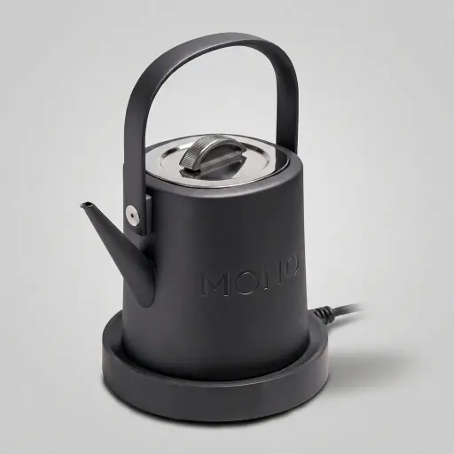 Stainless Steel Vranus Full Handle Kettle 1.0L with Anti-Scald [1039] — KTL-1039 — A 1.0L gooseneck electric kettle in food-grade 304 stainless steel with a full cool-touch metal handle and an LED temperature display on the base. A 1200 to 1400W branded controller boils fast, with auto shut-off and boil-dry protection, ideal for precise hand-brew coffee. A concealed element and 360-degree cordless base round it out, in black, white or grey.