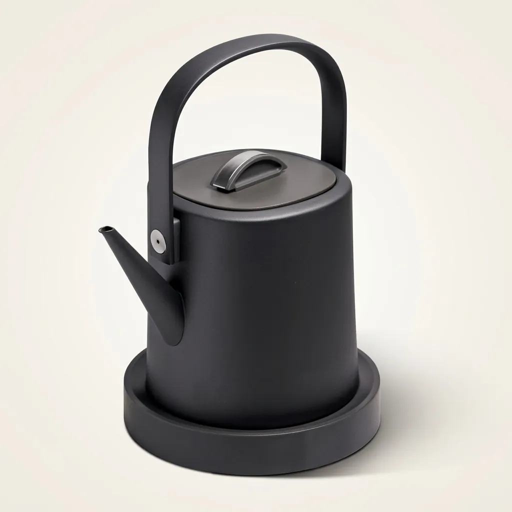 Stainless Steel Vranus Full Handle Kettle 1.0L with Anti-Scald [1039] — KTL-1039 — A 1.0L gooseneck electric kettle in food-grade 304 stainless steel with a full cool-touch metal handle and an LED temperature display on the base. A 1200 to 1400W branded controller boils fast, with auto shut-off and boil-dry protection, ideal for precise hand-brew coffee. A concealed element and 360-degree cordless base round it out, in black, white or grey. (image 4)